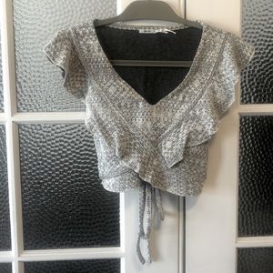 UO Crop Grey Wrap Sweater with Flutter Sleeves